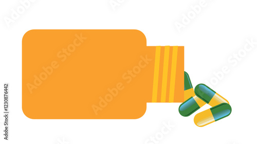 Medication concept. Yellow-green capsules of Tramadol 50 mg. and orange medicine bottle isolated on white background, narcotic- like pain reliever, used to treat moderate to severe pain.