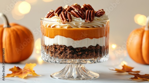 Layered pumpkin mousse trifle in a crystal bowl, rich cream swirls, spiced cookie crumble, festive garnish of caramelized pecans, soft fall lighting