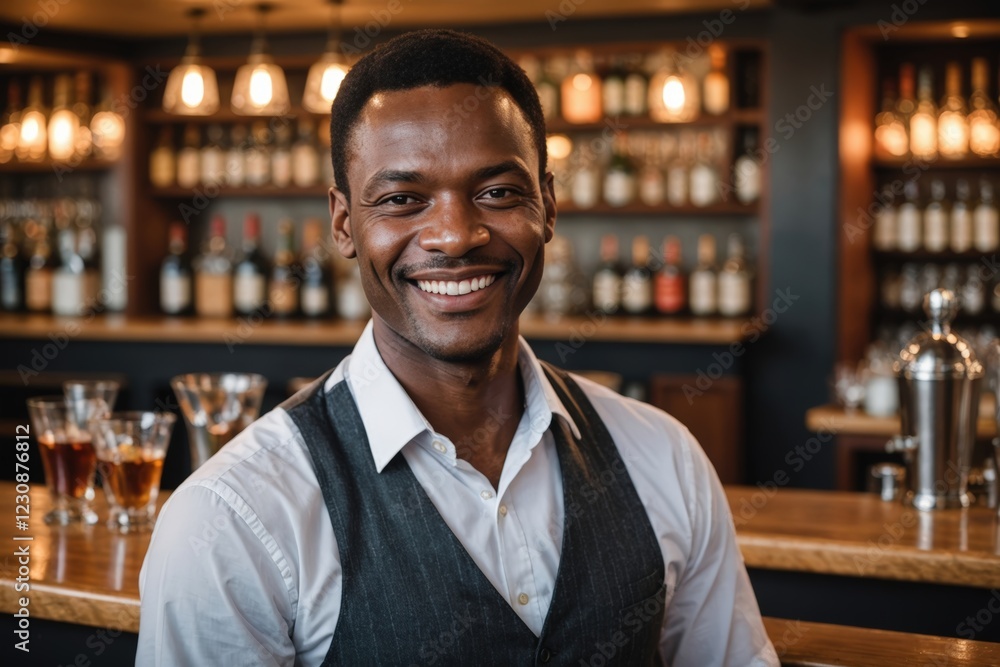 Fototapeta premium close portrait of a 40s smiling Eswatini male bartender against blurred bar background