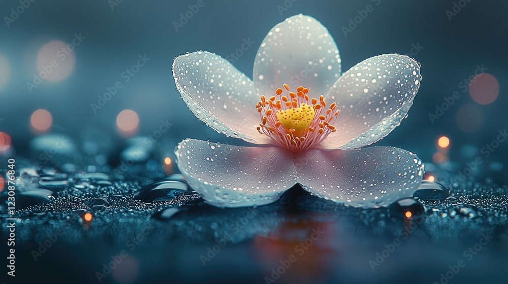 Dew Kissed Blossom Rests on Dark Reflective Surface Dew Kissed Blossom Rests on Dark Reflective Surface