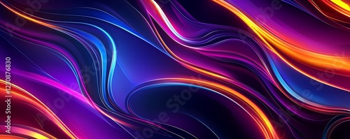 Vector artwork of abstract waves and curves illuminated with dynamic neon lighting creating a modern look