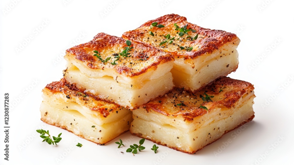 Layered scalloped potatoes with a blend of cheeses, buttery and herb-infused, visually appetizing cross-section, vibrant detail, isolated on white background Layered scalloped potatoes with a blend of cheeses, buttery and herb-infused, visually appetizing cross-section, vibrant detail, isolated on white background