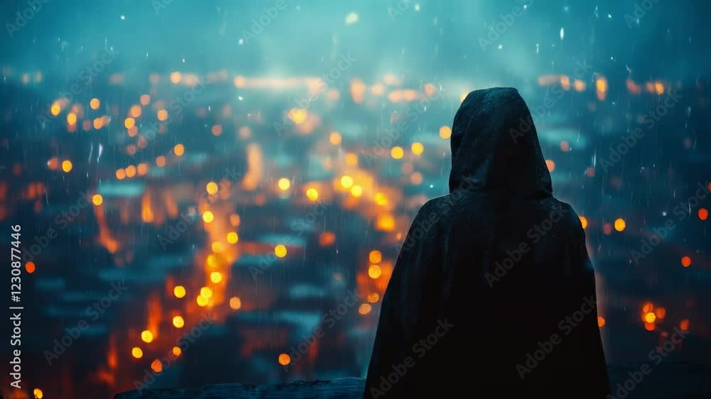 City Lights Reflecting in Rain as a Figure in a Hood Stands in Contemplation City Lights Reflecting in Rain as a Figure in a Hood Stands in Contemplation