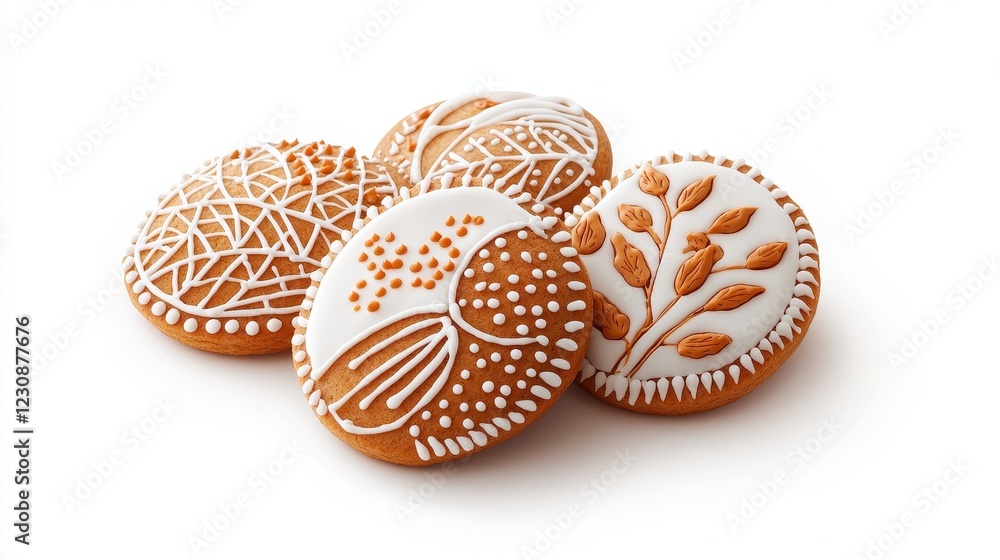 Gingerbread cookies with a Thanksgiving twist, decorated with cornucopia motifs, smooth royal icing, vibrant fall palette, isolated on white background Gingerbread cookies with a Thanksgiving twist, decorated with cornucopia motifs, smooth royal icing, vibrant fall palette, isolated on white background
