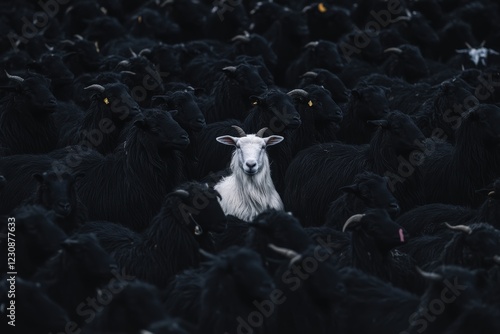 White goat standing out in a crowd of black sheep