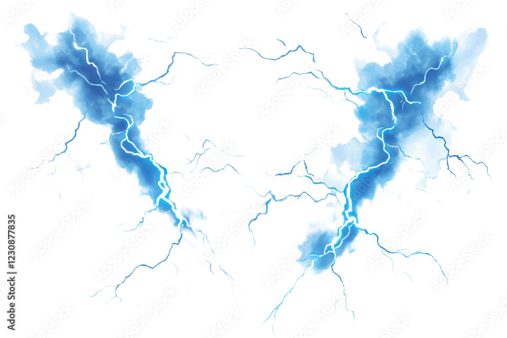 Obraz premium Blue Lightning Bolts Striking Down Isolated on a White Transparent Background for Creative Designs and Artwork
