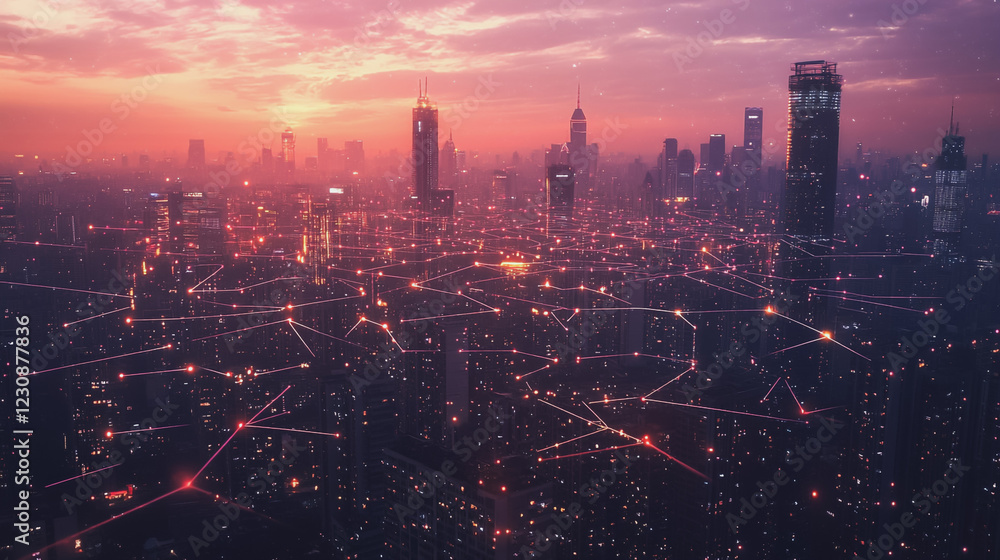 Fototapeta premium Abstract business man stands on Smart digital Innovation city with connection network reciprocity over the twilight cityscape. of future wireless digital city and social media networking systems