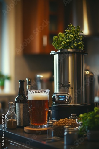 Homebrewing beer in kitchen, hops, ingredients photo