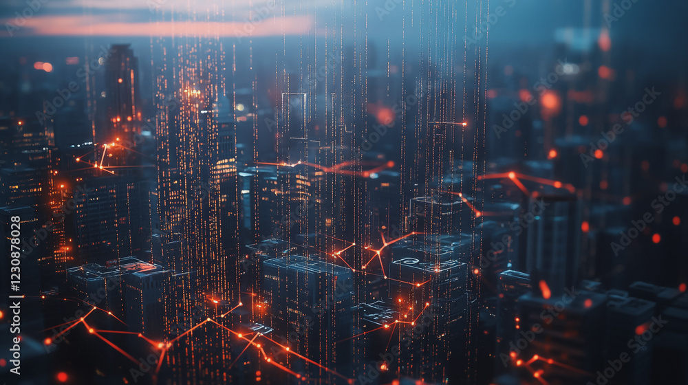 Abstract business man stands on Smart digital Innovation city with connection network reciprocity over the twilight cityscape. of future wireless digital city and social media networking systems Abstract business man stands on Smart digital Innovation city with connection network reciprocity over the twilight cityscape. of future wireless digital city and social media networking systems