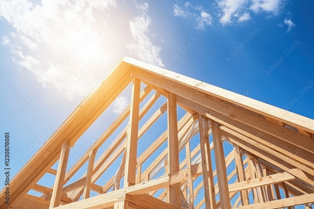 Wooden roof frame being built on a sunny day: construction site progressing under blue sky Wooden roof frame being built on a sunny day: construction site progressing under blue sky