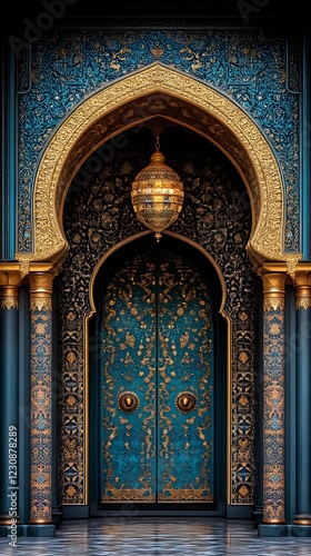 Ornate Teal and Gold Palace Doors Architectural Design