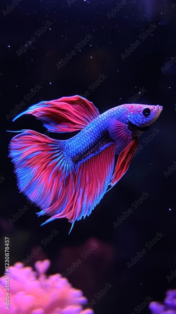 Close-up of a Betta Fish with flowing fins in a dark water aquarium environment Close-up of a Betta Fish with flowing fins in a dark water aquarium environment