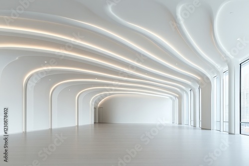 Modern empty white office interior with curved ceiling and lighting