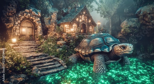 Mystical Turtle Island: A colossal turtle elegantly sails across a fantastical sea, with a quaint village perched on its shell, crafting an enchanting and otherworldly scene photo