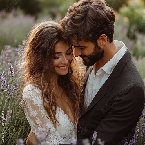 Couple Shares a Tender Moment Among Blooming Lavender in a Serene Field During Golden Hour