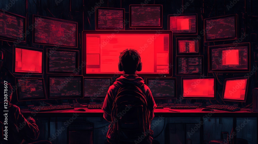Person Focused on Multiple Screens in a Dark Room, Engaging in Programming or Hacking Activities During Nighttime Person Focused on Multiple Screens in a Dark Room, Engaging in Programming or Hacking Activities During Nighttime