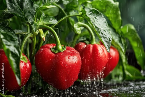 Red bell peppers growing on plant under summer rain
