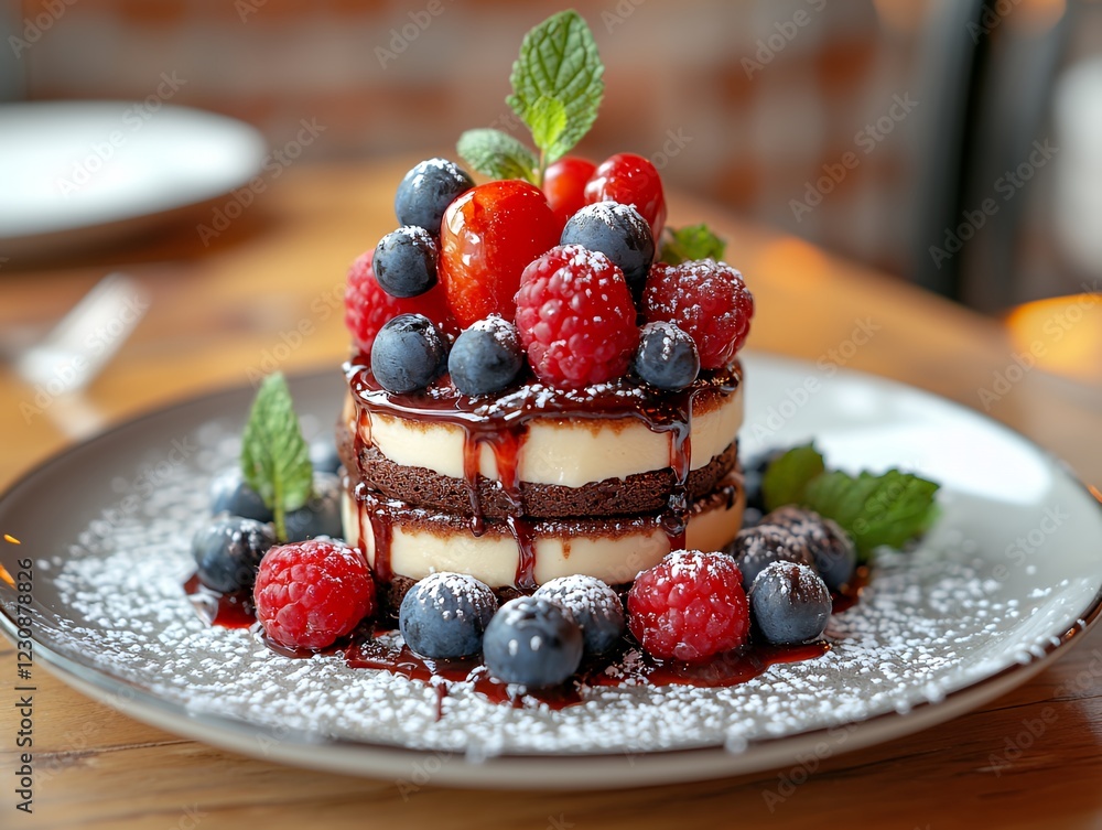 Delicious Dessert Featuring Layers of Chocolate Cake, Creamy Filling, and Fresh Berries Served on a Rustic Wooden Table in a Cozy Cafe Delicious Dessert Featuring Layers of Chocolate Cake, Creamy Filling, and Fresh Berries Served on a Rustic Wooden Table in a Cozy Cafe