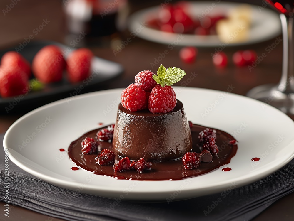 Decadent Chocolate Dessert Garnished With Fresh Raspberries Served Elegantly on a White Plate in a Dimly Lit Restaurant Setting Decadent Chocolate Dessert Garnished With Fresh Raspberries Served Elegantly on a White Plate in a Dimly Lit Restaurant Setting