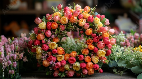 Colorful Floral Wreath Made of Tulips and Greenery Displayed in a Vibrant Flower Shop Setting During Spring Season