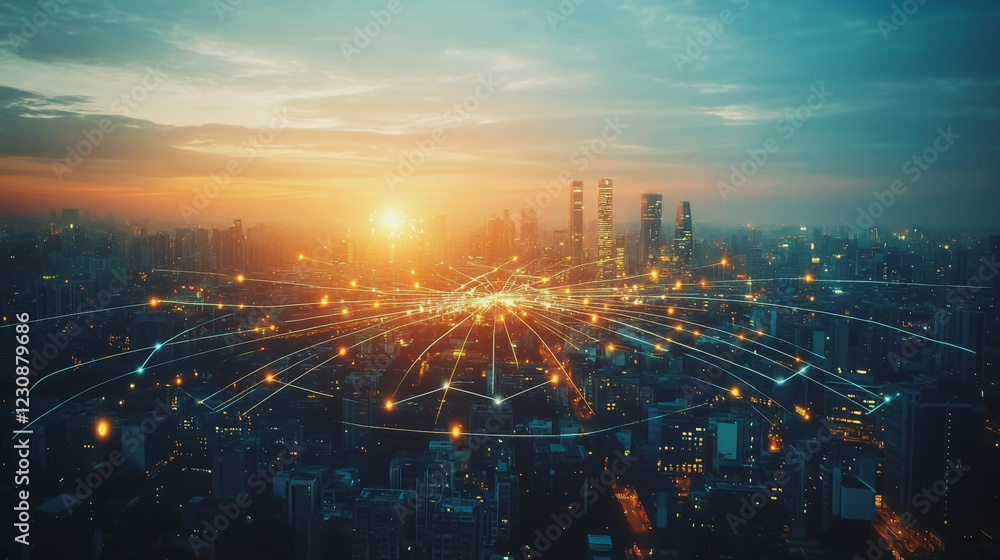 Fototapeta premium Abstract business man stands on Smart digital Innovation city with connection network reciprocity over the twilight cityscape. of future wireless digital city and social media networking systems