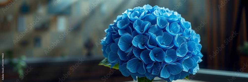 Blue hydrangea bouquet with a serene vibe representing elegance against a softly blurred background Blue hydrangea bouquet with a serene vibe representing elegance against a softly blurred background