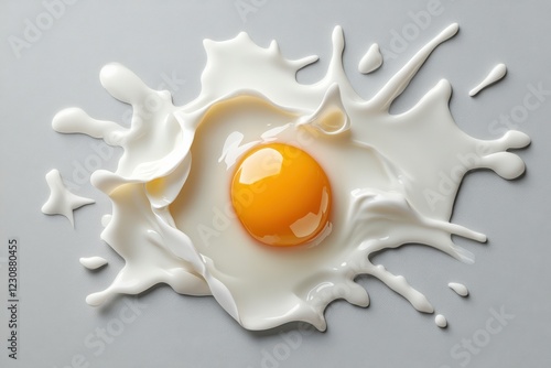 Raw egg yolk surrounded by splashes of egg white on gray background