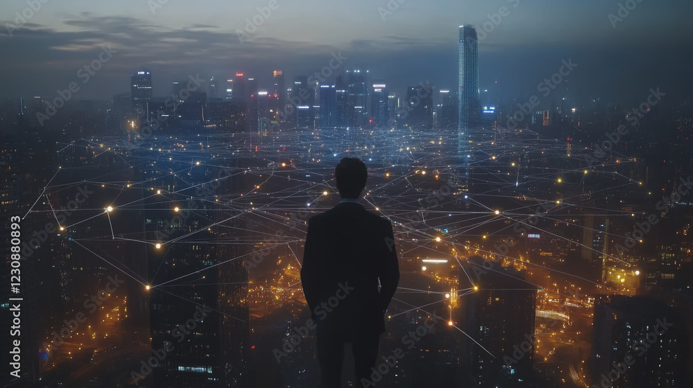 Abstract business man stands on Smart digital Innovation city with connection network reciprocity over the twilight cityscape. of future wireless digital city and social media networking systems Abstract business man stands on Smart digital Innovation city with connection network reciprocity over the twilight cityscape. of future wireless digital city and social media networking systems