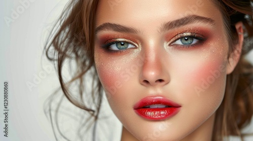 Wallpaper Mural Glamorous cosmetics model.  Shimmering eyeshadow and vibrant red lipstick. Sleek backdrop. Studio lighting.  Bold makeup look. Torontodigital.ca