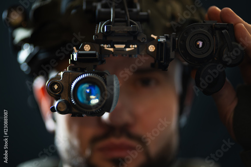 Fotografie Military technology: close-up of a soldier with a high-tech night vision device paired with a thermal imager mounted on a helmet