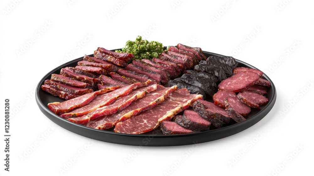 Variety of Sliced Smoked Meats on a Black Plate Variety of Sliced Smoked Meats on a Black Plate