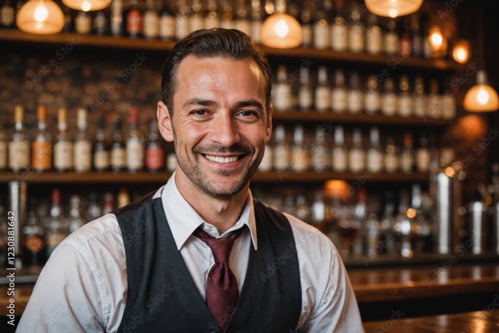 close portrait of a 40s smiling Monacan male bartender against blurred bar background close portrait of a 40s smiling Monacan male bartender against blurred bar background
