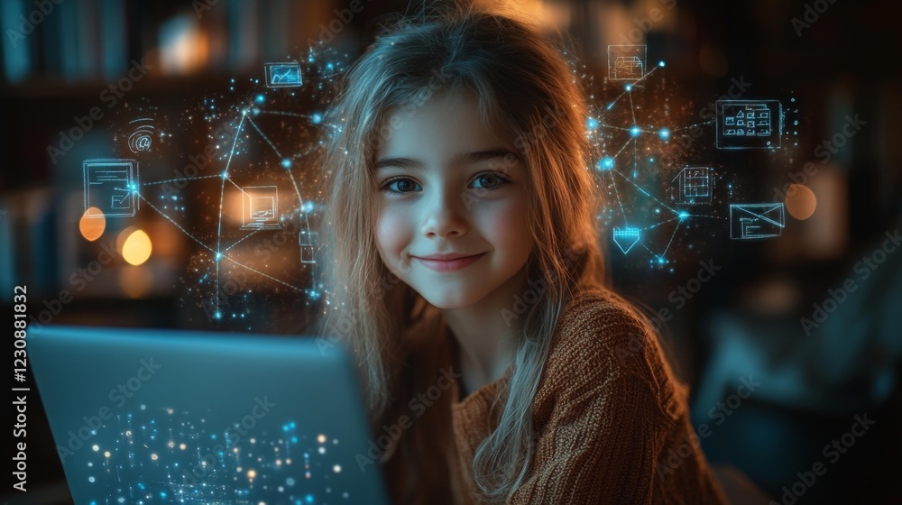 Smiling child with glowing icons on laptop at home. Generative AI Smiling child with glowing icons on laptop at home. Generative AI