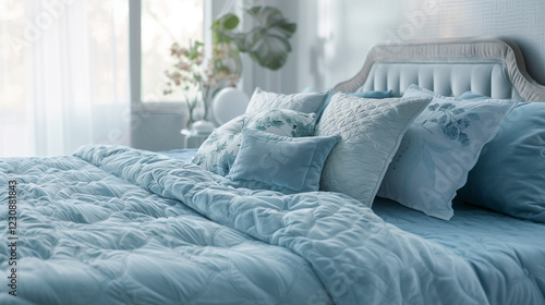 Bed linen. Bedroom and bed. Pillows, bedspread, blanket, begging, decor. Comfort and coziness. 