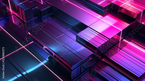 Abstract Geometric Background with Neon Lines and Reflective Cubes