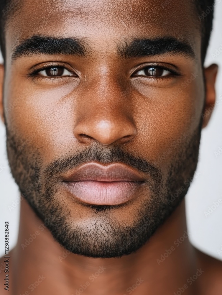 Fototapeta premium Serious young handsome black man with short beard staring at camera