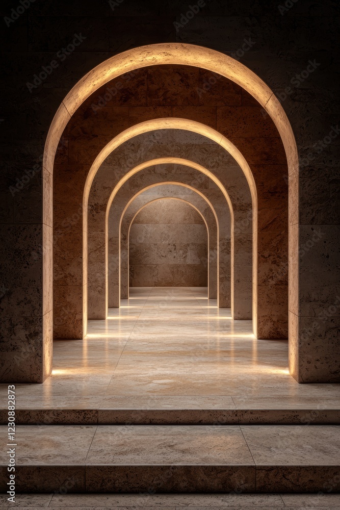 Fototapeta premium Abstract architecture with glowing arches and stone floor