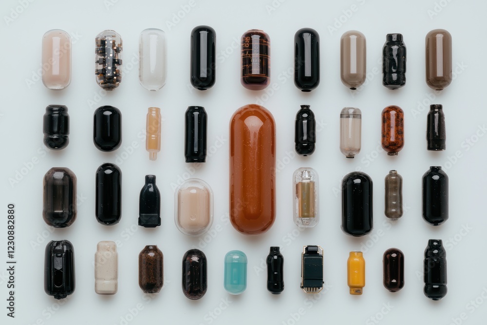Collection of various capsule-shaped objects arranged on a white background Collection of various capsule-shaped objects arranged on a white background