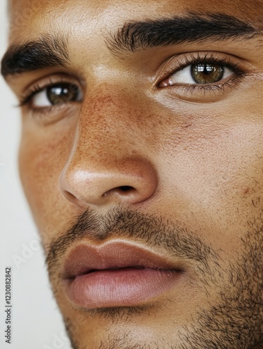 Close-up portrait of young man showing freckles and stubble