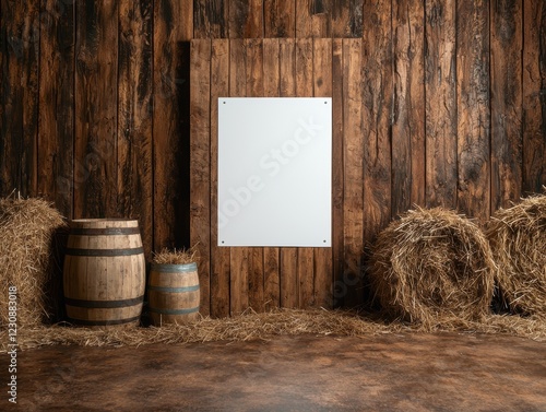 Blank sign in rustic barn setting with hay bales and wooden barrels photo