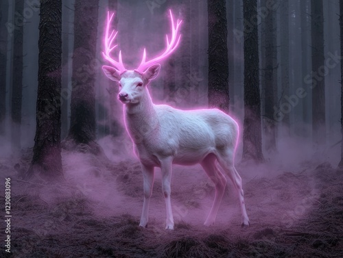 White deer with neon antlers in a foggy forest photo