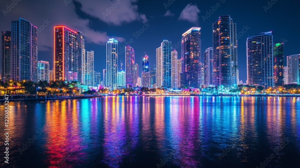 Obraz premium Vibrant City Night Skyline with Colorful Lights Reflecting on Water