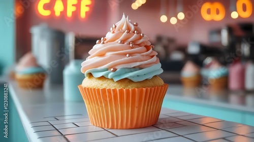 A cupcake with pink and blue frosting on top of an orange cupcake liner photo