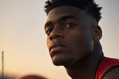 Young basketball player showing confidence under golden hour sunlight