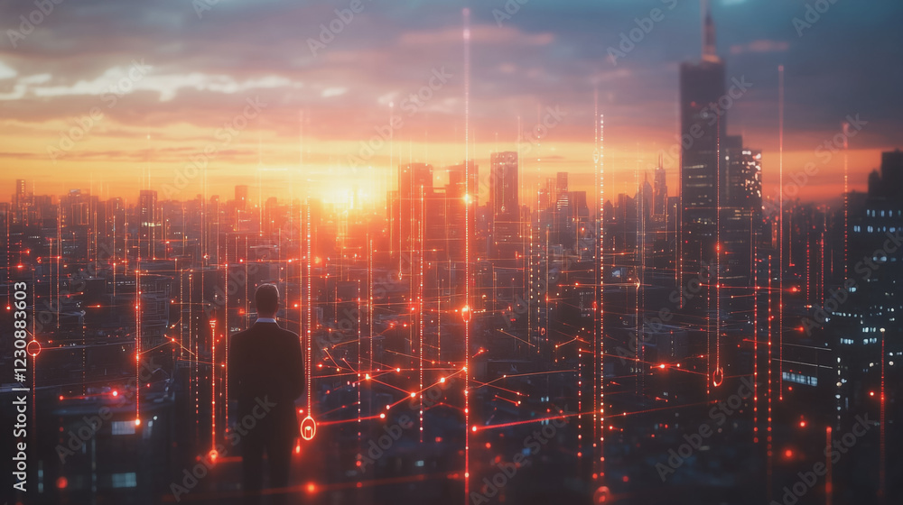 Fototapeta premium Abstract business man stands on Smart digital Innovation city with connection network reciprocity over the twilight cityscape. of future wireless digital city and social media networking systems