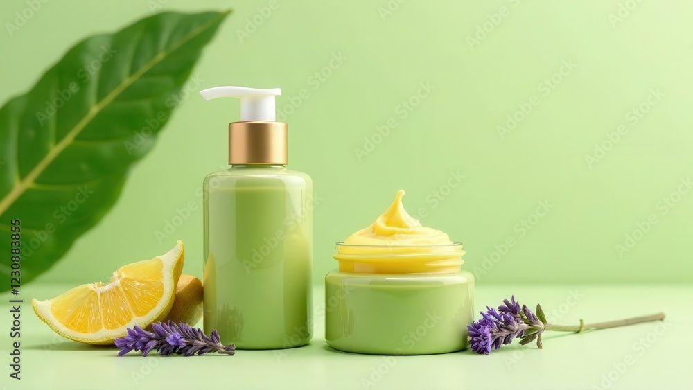 Two skincare products are displayed on a light green surface. One is a pump bottle and the other is a jar, accompanied by fresh lemon slices and lavender flowers, creating a refreshing ambiance. Two skincare products are displayed on a light green surface. One is a pump bottle and the other is a jar, accompanied by fresh lemon slices and lavender flowers, creating a refreshing ambiance.