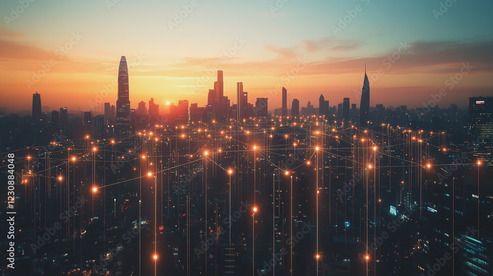 Fototapeta premium Abstract business man stands on Smart digital Innovation city with connection network reciprocity over the twilight cityscape. of future wireless digital city and social media networking systems