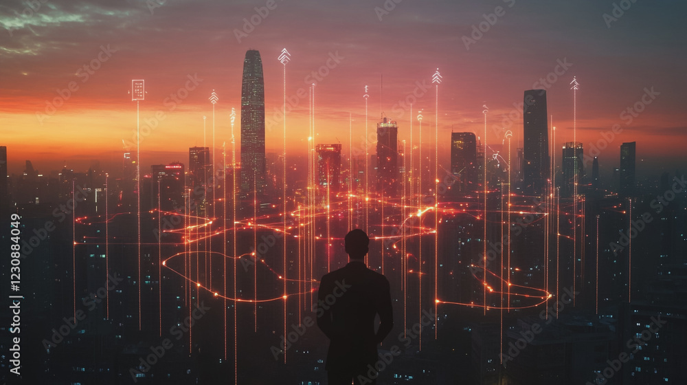 Abstract business man stands on Smart digital Innovation city with connection network reciprocity over the twilight cityscape. of future wireless digital city and social media networking systems Abstract business man stands on Smart digital Innovation city with connection network reciprocity over the twilight cityscape. of future wireless digital city and social media networking systems