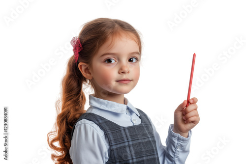 Young Girl in Teacher Outfit Holding a Toy Pointer With Confidence on White Background