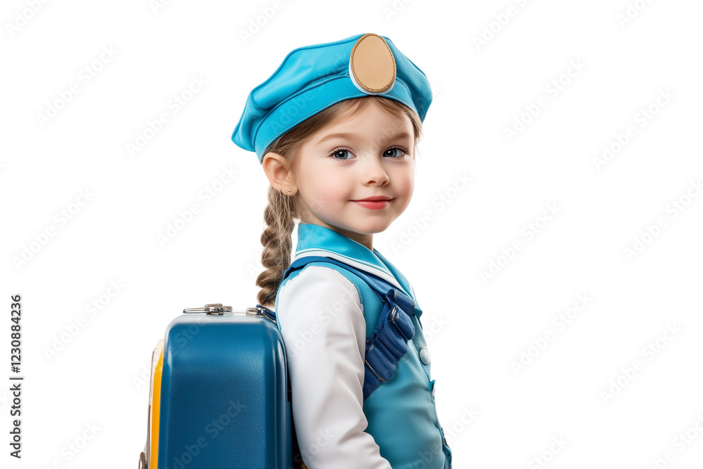 Young Girl in an Adorable Flight Attendant Outfit With a Suitcase Ready for an Adventure Young Girl in an Adorable Flight Attendant Outfit With a Suitcase Ready for an Adventure